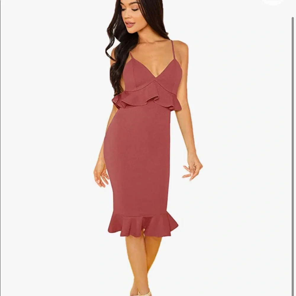 Women's V Neck Ruffle Hem Fishtail Bodycon Dress - Picture 1 of 12
